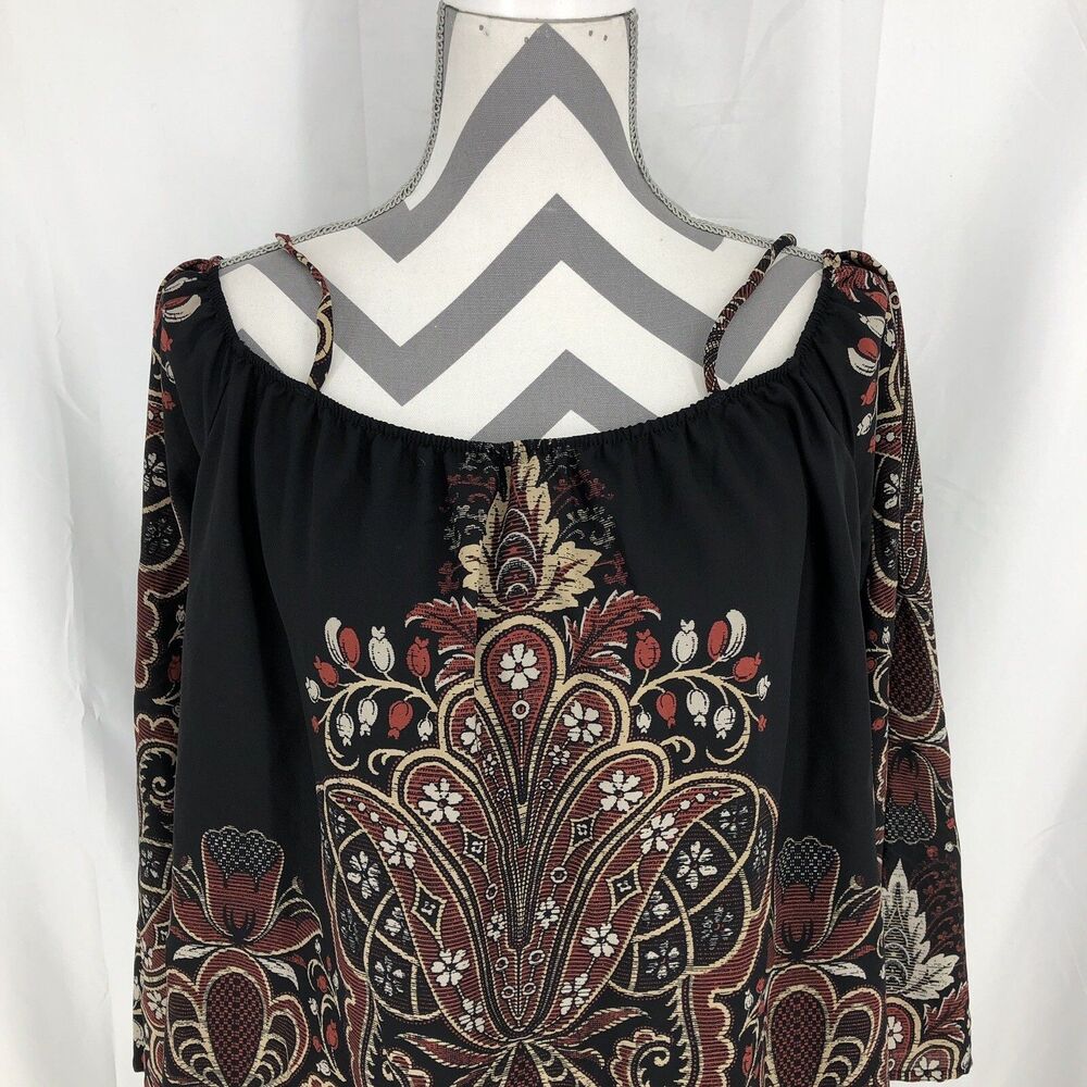 Forever 21 Black Brown Floral Cold Shoulder Long Sleeve Blouse Oversized Medium